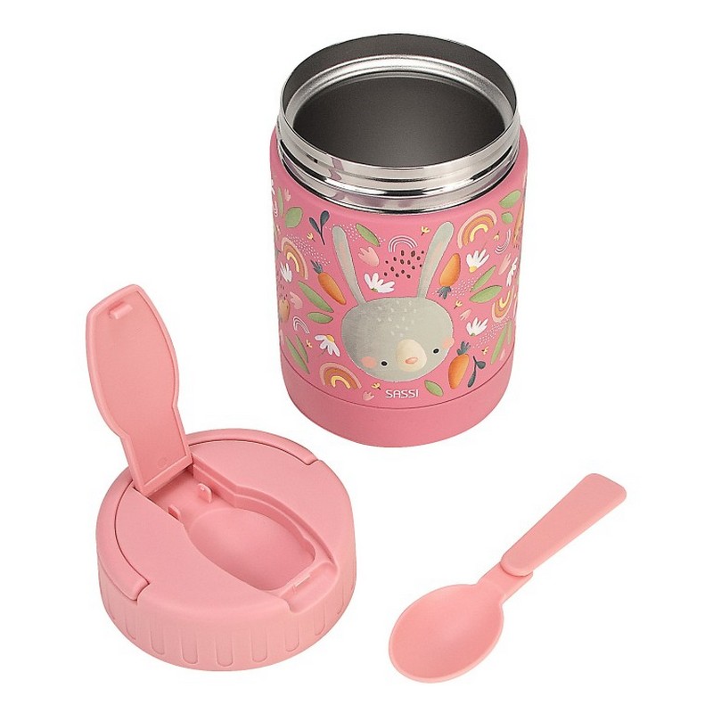 Portapranzo termico rosa per bambini decorato con coniglio, arcobaleni e carote in acciaio inossidabile, con cucchiaio incluso e maniglia estraibile per agevolare il trasporto
